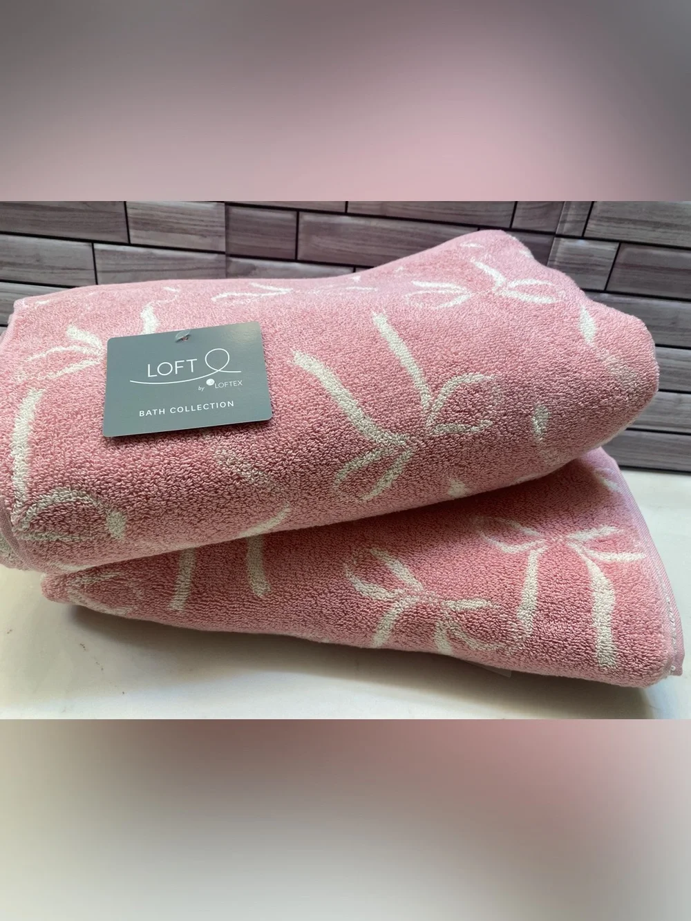 Loft by Loftex ❤️(2) Bow cotton Bath Towels Soft Pink/Ivory Hotel-quality NEW